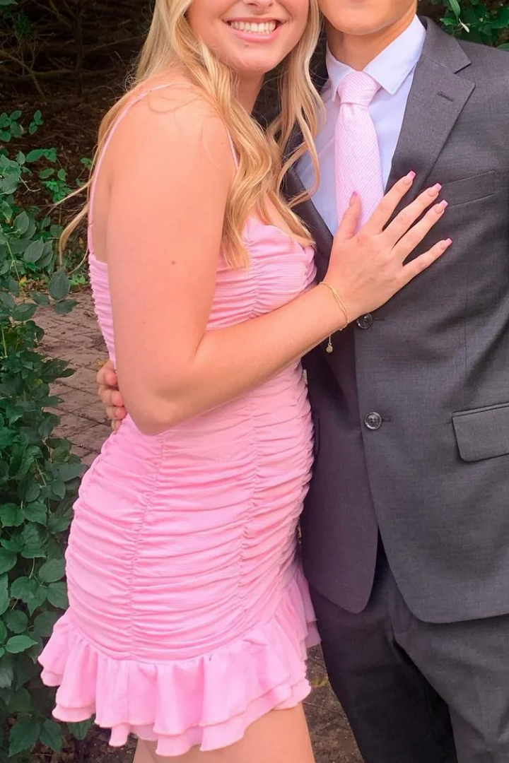 Spaghetti Straps V-Neck Ruffles Ruched Sleeveless Homecoming Dress
