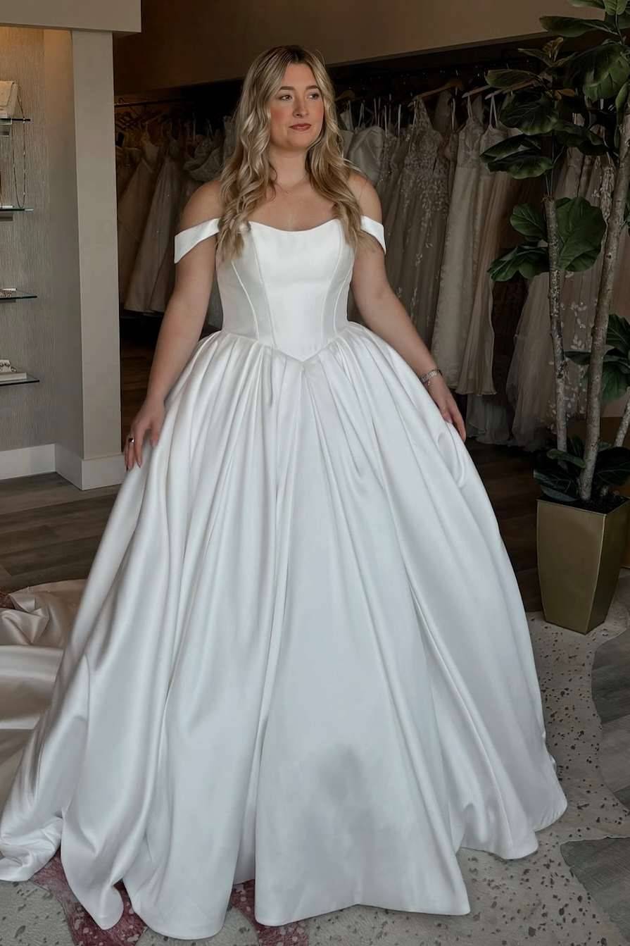 Off-Shoulder Scoop A-Line Pleated Satin Long Wedding Dress