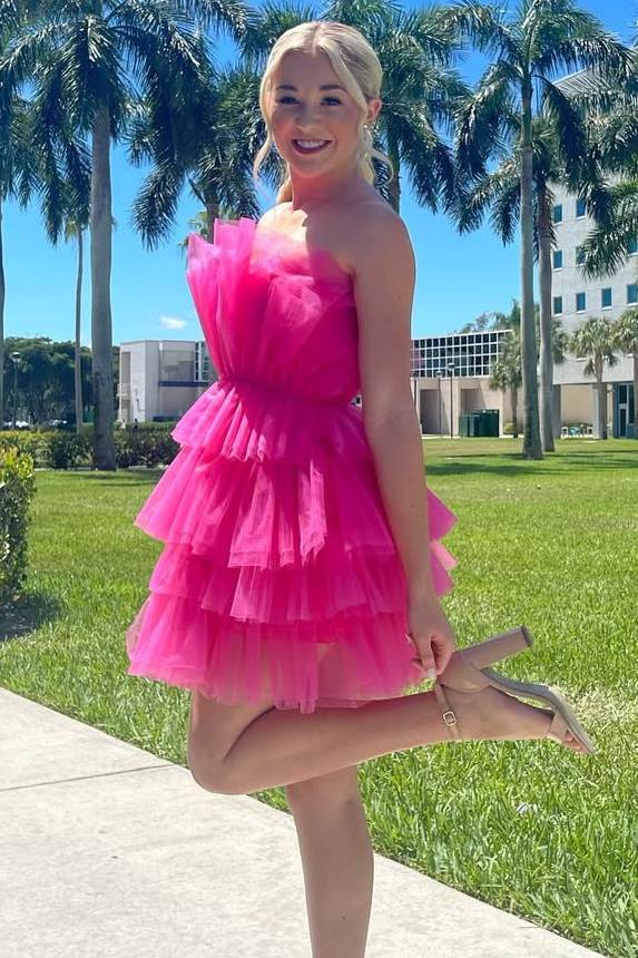 Unique Pink Strapless Layered A-Line Tulle Short Homecoming Dress  Modsele