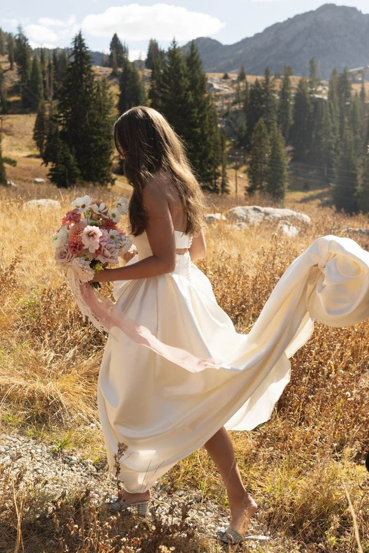 Satin A-Line Strapless Pleated Scoop Neck Long Beach Wedding Dress