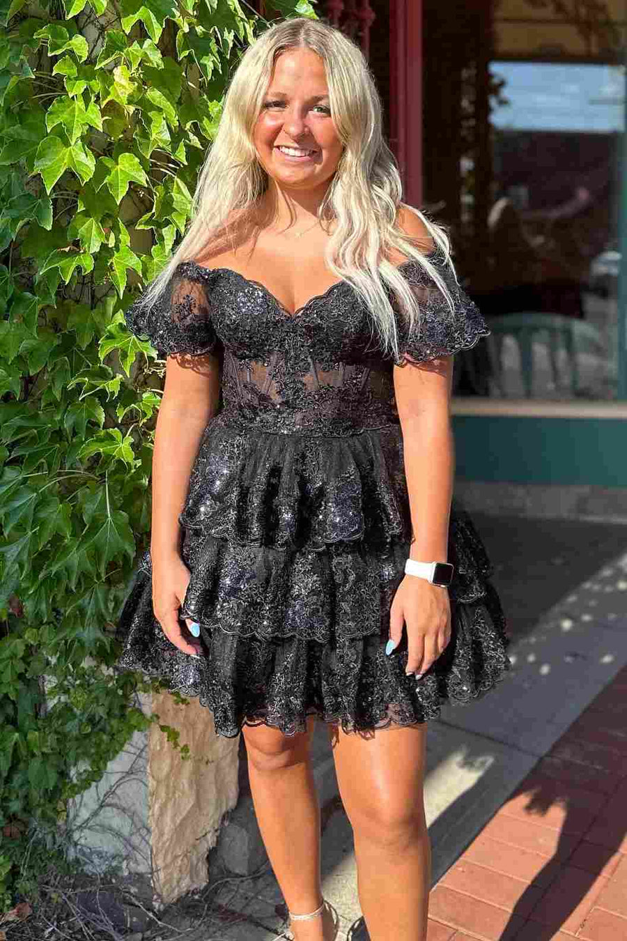 Off-Shoulder A-Line Sequins Appliques Tiered Short Homecoming Dress Modsele Off-Shoulder A-Line Sequins Appliques Tiered Short Homecoming Dress Modsele
