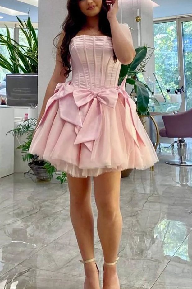 Pink Strapless A-Line Empire-Waist with Bows Pleated Short Homecoming Dress