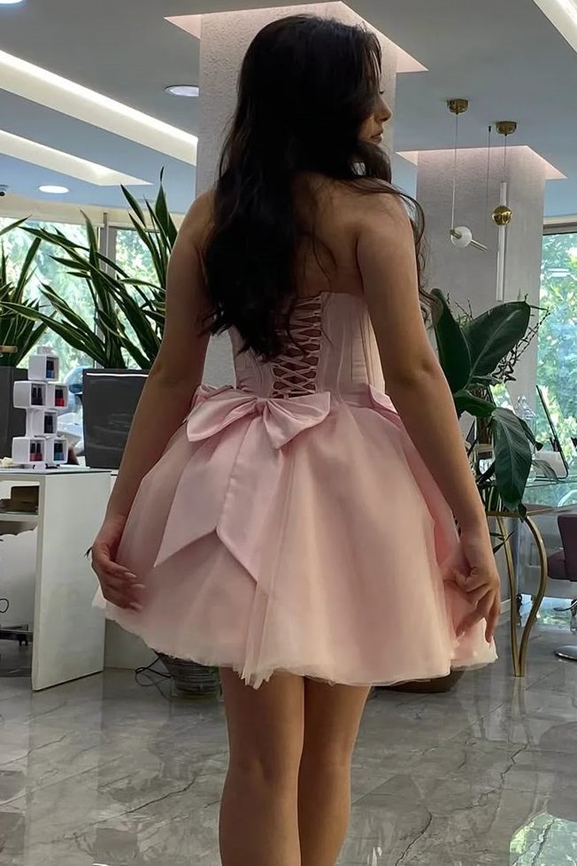 Pink Strapless A-Line Empire-Waist with Bows Pleated Short Homecoming Dress
