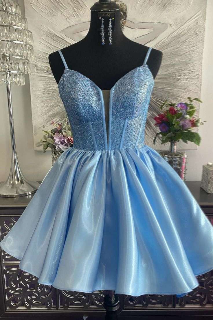 Blue Spaghetti Straps A-Line Rhinestone Pleated Sleeveless Short Homecoming Dress