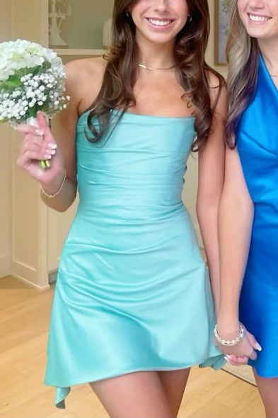 A-Line Strapless Sleeveless Pleats Satin Short Party Homecoming Dress