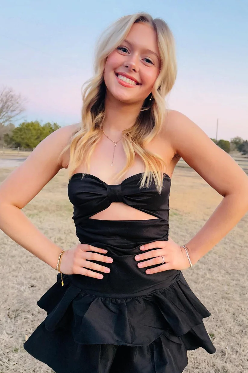 Black A-Line Strapless Keyhole Ruffles Satin Sleeveless Homecoming Dre Modsele Black A-Line Strapless Keyhole Ruffles Satin Sleeveless Homecoming Dre Modsele