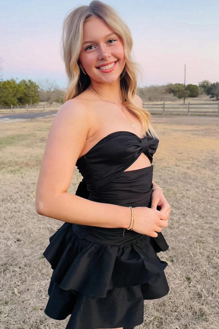 Black A-Line Strapless Keyhole Ruffles Satin Sleeveless Homecoming Dre Modsele Black A-Line Strapless Keyhole Ruffles Satin Sleeveless Homecoming Dre Modsele