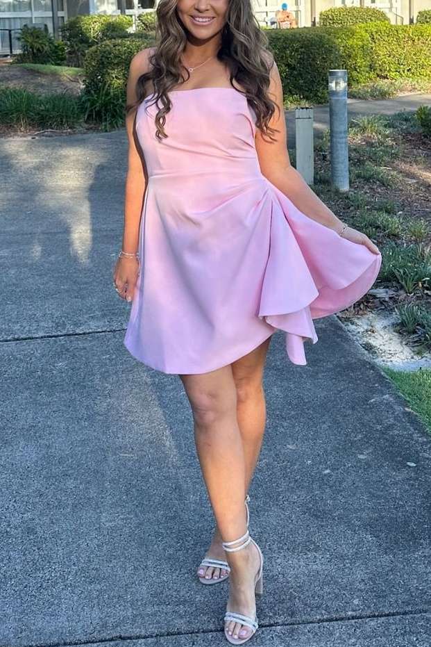 Pink A-Line Strapless Pleated Satin Sleeveless Short Homecoming Dress
