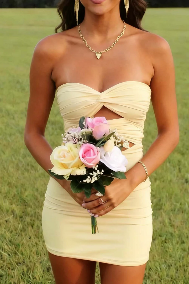 Strapless Sweetheart Keyhole Pleated Satin Tight Party Homecoming Dress