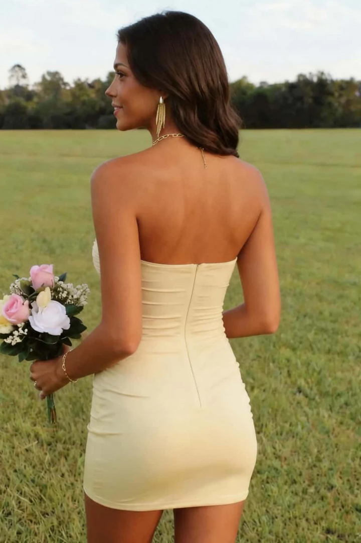 Strapless Sweetheart Keyhole Pleated Satin Tight Party Homecoming Dress