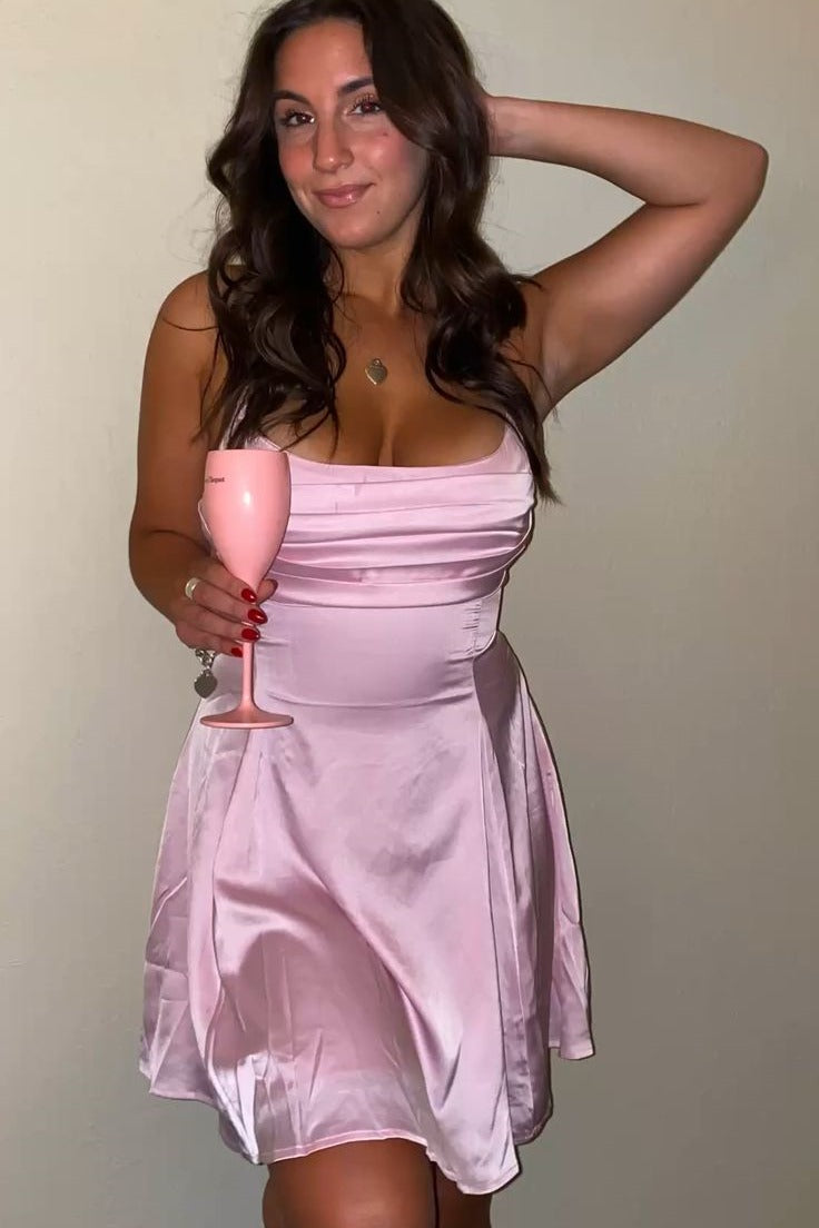 Pink Spaghetti Straps Scoop Pleats Satin Short Cocktail Homecoming Dress