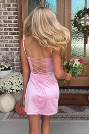 Cute Pink Straps Sweetheart Sleeveless Pleats Satin Short Homecoming Dress