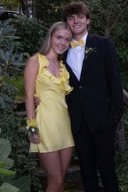 Yellow Straps Ruffles Satin Pleats Short Homecoming Dress