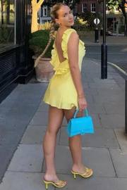 Yellow Straps Ruffles Satin Pleats Short Homecoming Dress
