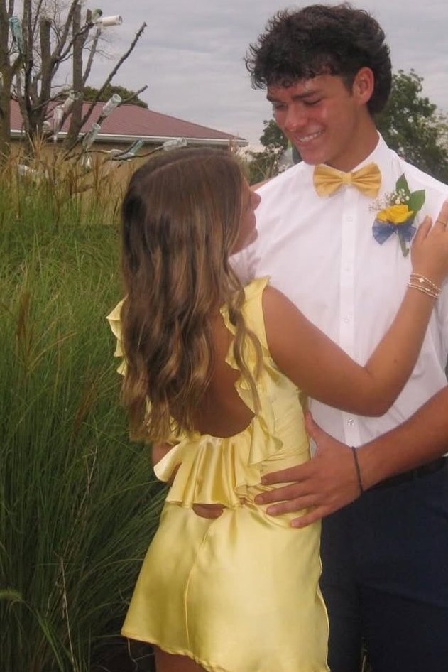 Yellow Straps Ruffles Satin Pleats Short Homecoming Dress