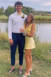 Yellow Straps Ruffles Satin Pleats Short Homecoming Dress