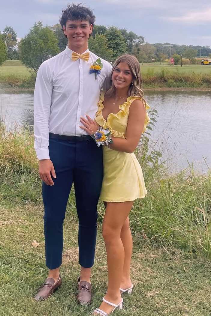 Yellow Straps Ruffles Satin Pleats Short Homecoming Dress