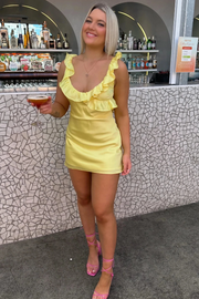 Yellow Straps Ruffles Satin Pleats Short Homecoming Dress