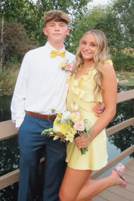 Yellow Straps Ruffles Satin Pleats Short Homecoming Dress