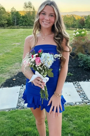 Strapless Pleated Satin Sleeveless Ruffles Mini Cocktail Homecoming Dress