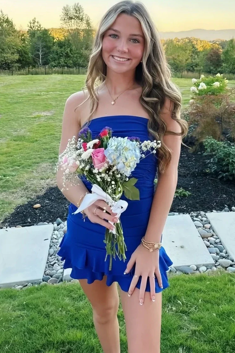 Strapless Pleated Satin Sleeveless Ruffles Mini Cocktail Homecoming Dress
