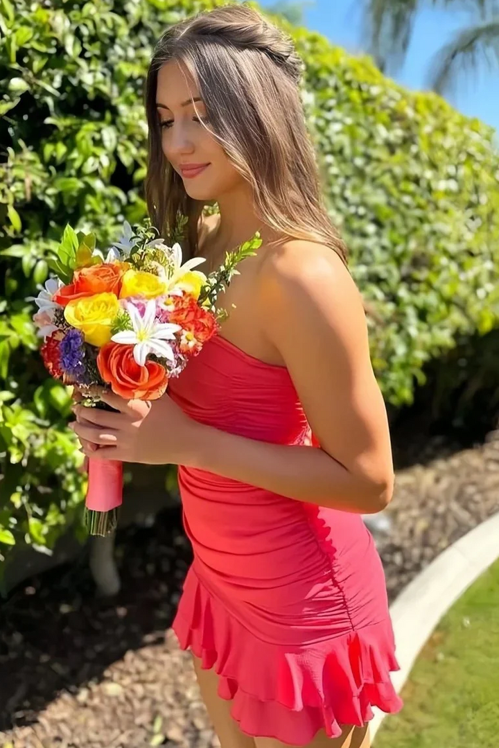 Strapless Pleated Satin Sleeveless Ruffles Mini Cocktail Homecoming Dress