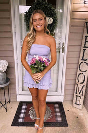 Strapless Pleated Satin Sleeveless Ruffles Mini Cocktail Homecoming Dress