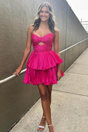 A-Line Strapless V-Neck Pleated Ruffles Sleeveless Short Homecoming Dress