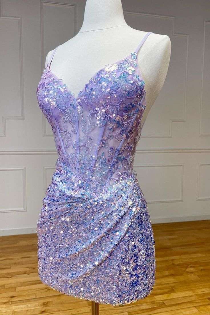 Lilac Spaghetti Straps V-Neck Sequins Bodycon Homecoming Dress – Modsele
