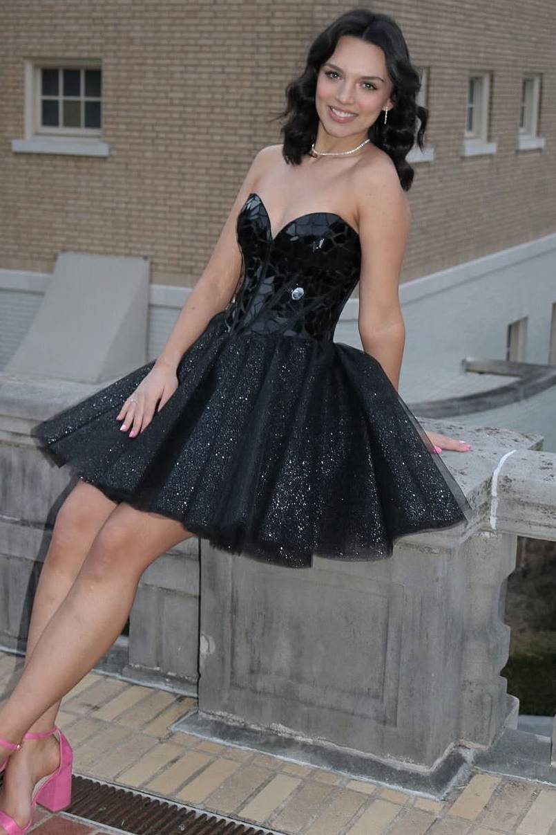 Black A-Line Strapless Mirror-Cut Sequins Short Homecoming Dress Modsele Black A-Line Strapless Mirror-Cut Sequins Short Homecoming Dress Modsele