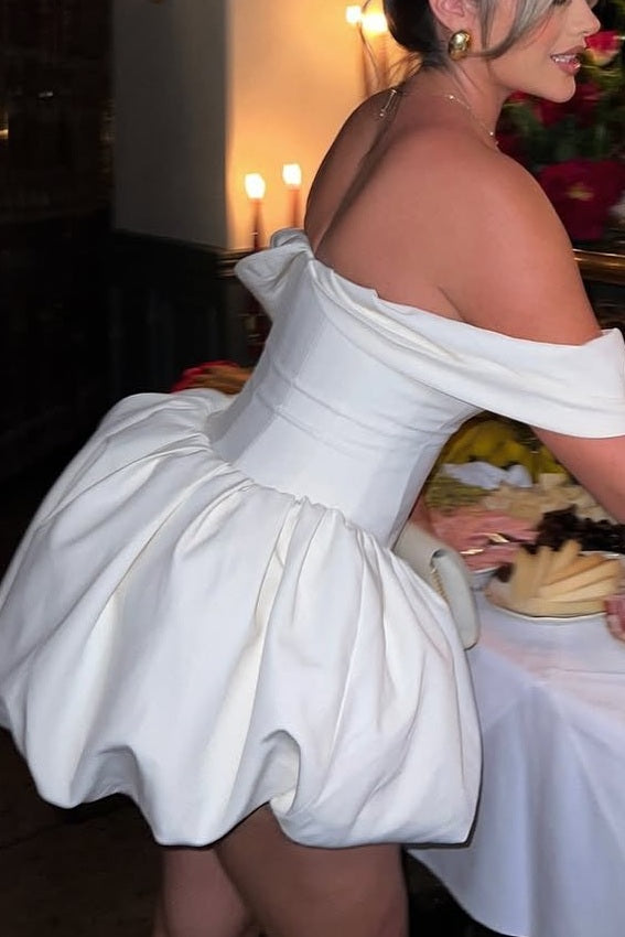 White Off-Shoulder V-Neck Satin Short Cocktail Homecoming Dress Modsele White Off-Shoulder V-Neck Satin Short Cocktail Homecoming Dress Modsele