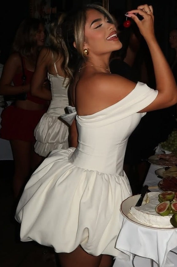 White Off-Shoulder V-Neck Satin Short Cocktail Homecoming Dress Modsele White Off-Shoulder V-Neck Satin Short Cocktail Homecoming Dress Modsele
