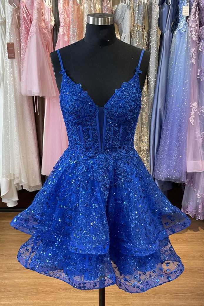 Royal Blue A-Line Spaghetti Straps Appliques Ruffles Short Homecoming Dress