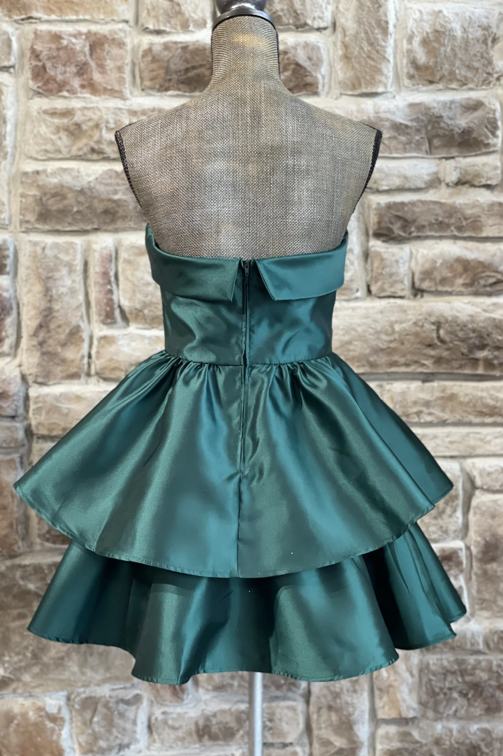 Green Strapless A-Line Empire-Waist Layered Satin Mini Homecoming Dress