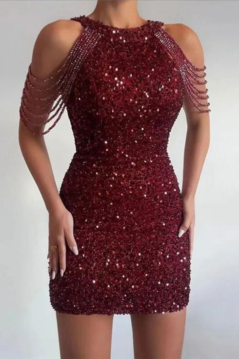 Sparkly High Neck Sequined Sleeveless Tight Cocktail Homecoming Dress