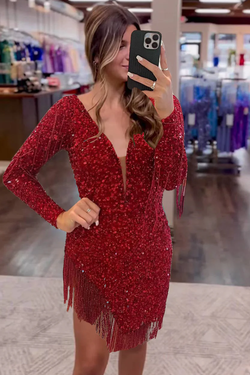 Red Deep V-Neck Sequined Long Sleeves Homecoming Dress with Fringe