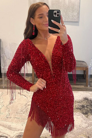 Red Deep V-Neck Sequined Long Sleeves Homecoming Dress with Fringe
