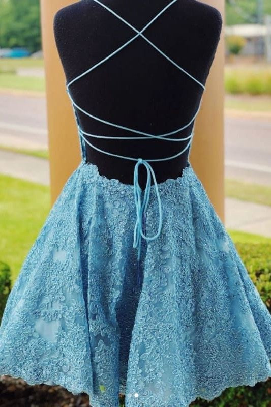 Classic Spaghetti Straps A-Line Lace Appliques Cocktail Homecoming Dress