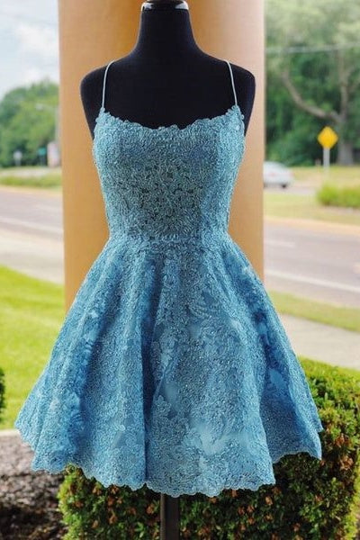 Classic Spaghetti Straps A-Line Lace Appliques Cocktail Homecoming Dress