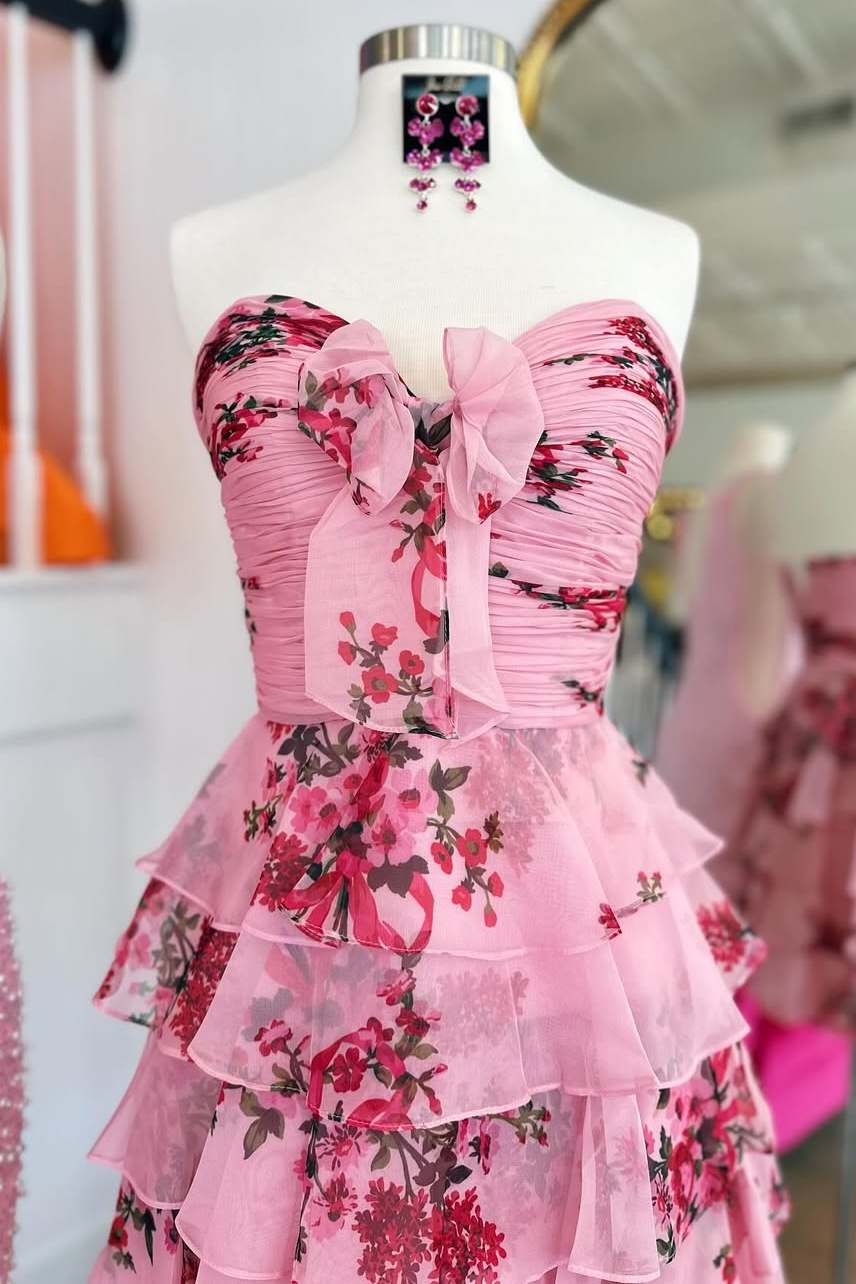 Pink A-Line Strapless Print Floral Layered Short Homecoming Dress Modsele Pink A-Line Strapless Print Floral Layered Short Homecoming Dress Modsele