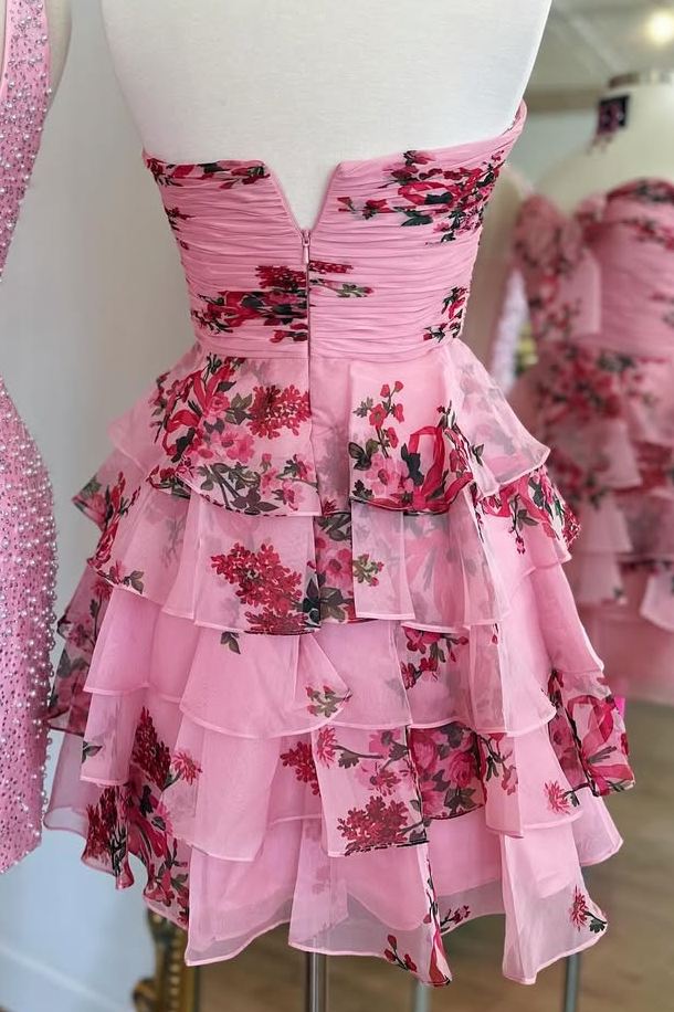 Pink A-Line Strapless Print Floral Layered Short Homecoming Dress Modsele Pink A-Line Strapless Print Floral Layered Short Homecoming Dress Modsele