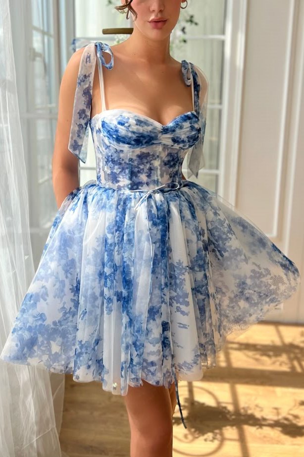 Cute A-Line Straps Empire-Waist Printing Sleeveless Short Homecoming Dress