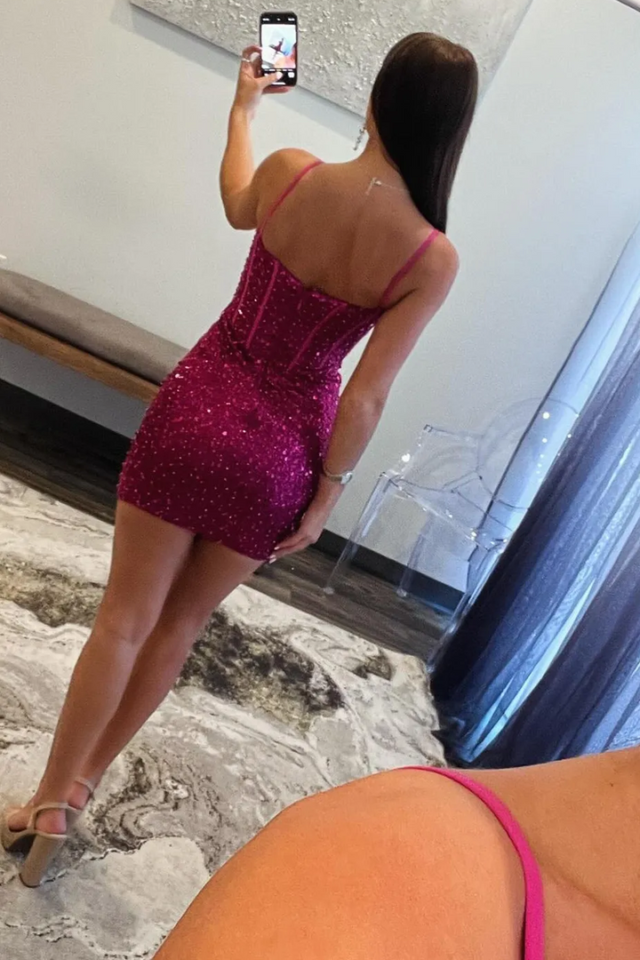 Glitter Spaghetti Straps Sweetheart Tight Homecoming Dress with Sequin