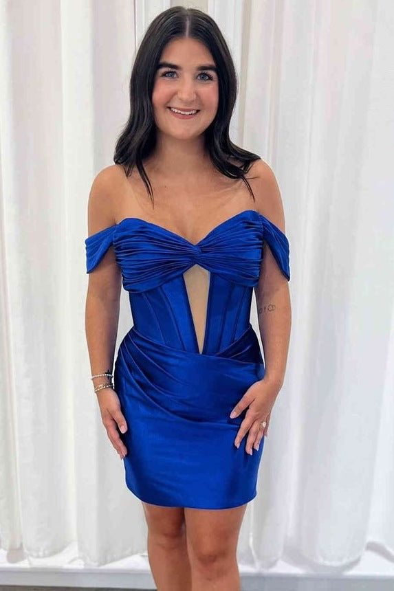 Off-Shoulder Keyhole Satin Bodycon Sleeveless Pleats Mini Homecoming D Modsele Off-Shoulder Keyhole Satin Bodycon Sleeveless Pleats Mini Homecoming D Modsele