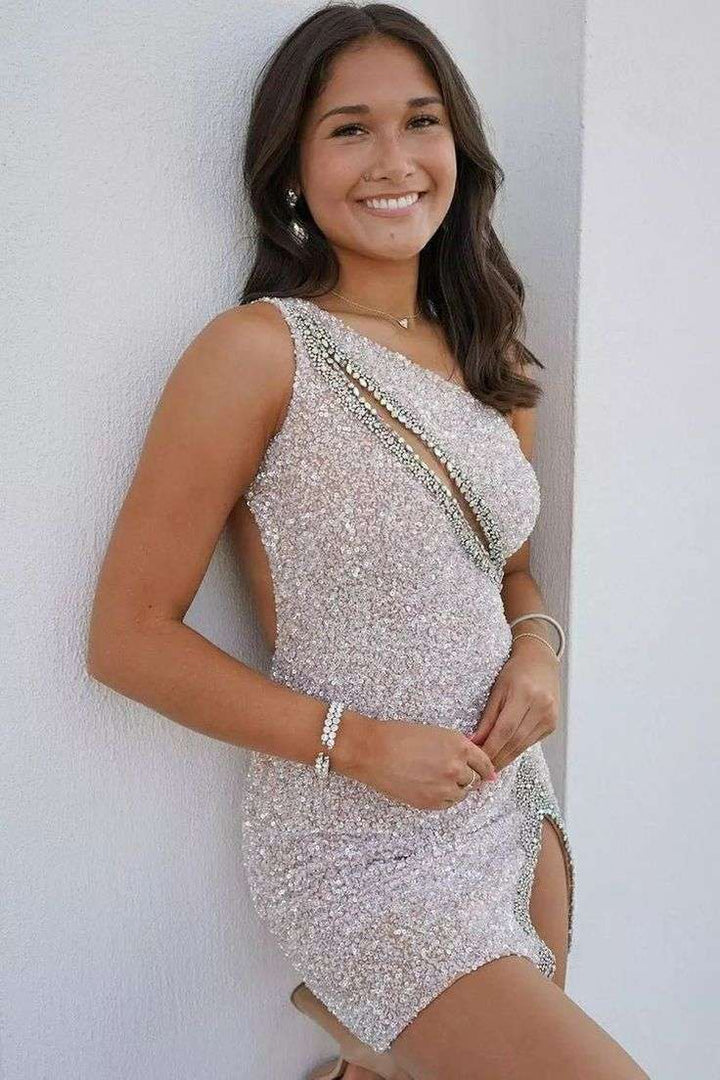 One Shoulder Beads Sequins Sleeveless Mini Homecoming Dress