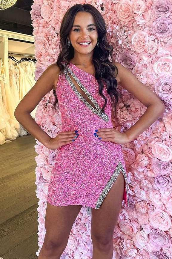 dress beads sequins One Shoulder Beads Sequins Sleeveless Mini Homecoming Dress – Modsele