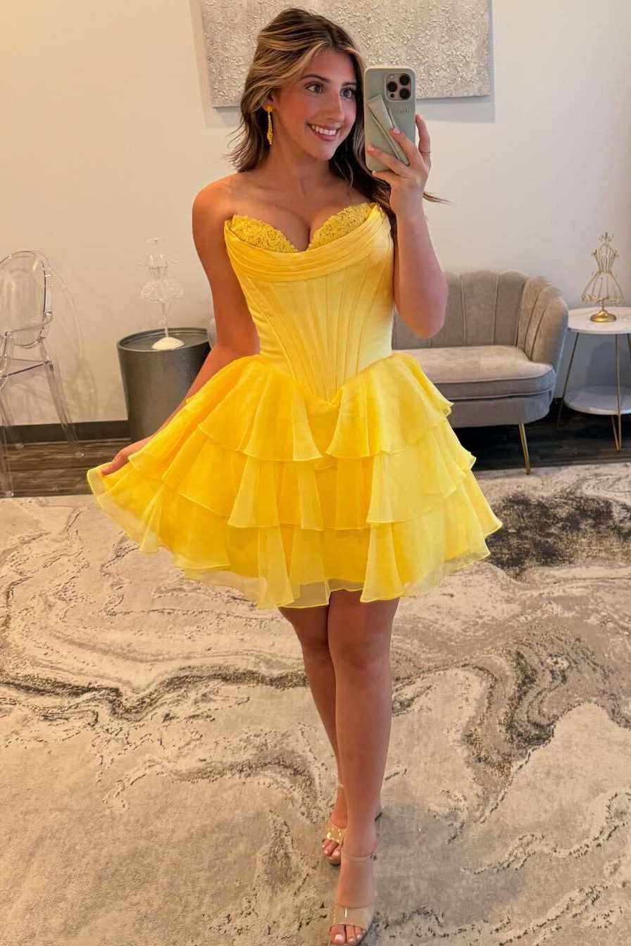 A-Line Strapless Empire-Waist V-Neck Ruffles Short Cocktail Homecoming Dress