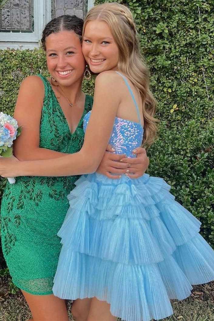 A-Line Spaghetti Straps Ruffles V-Neck Sleeveless Short Homecoming Dress