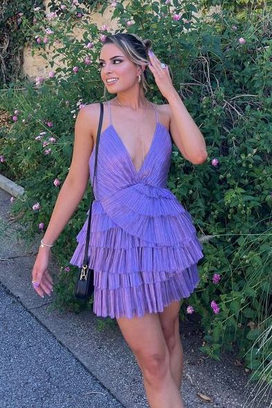 A-Line V-Neck Pleated Layered Short Cocktail Homecoming Dress