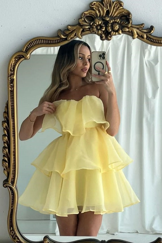 short strapless empire waist dress Bellasprom A-Line Strapless Empire-Waist Layered Chiffon Printing Floral Short Homecoming Dress Same as Picture-US2